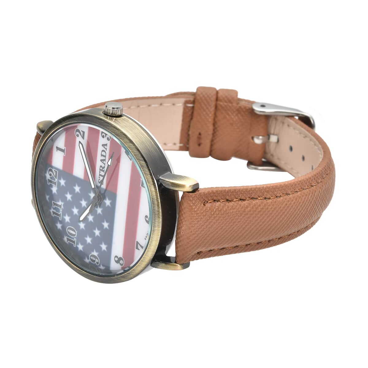 Strada Japanese Movement US National Flag Pattern Watch with Brown Faux Leather Strap image number 3