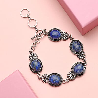 Lapis Lazuli Toggle Clasp Bracelet in Black Oxidized Silvertone (8.00 In) 45.00 ctw