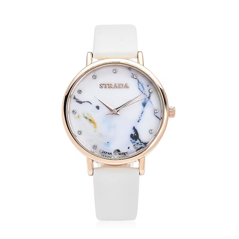Strada Austrian Crystal Japanese Movement Stone Pattern Dial Watch With White Faux Leather Strap