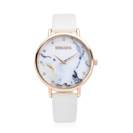 STRADA Austrian Crystal Japanese Movement Stone Pattern Dial Watch With White Faux Leather Strap image number 0