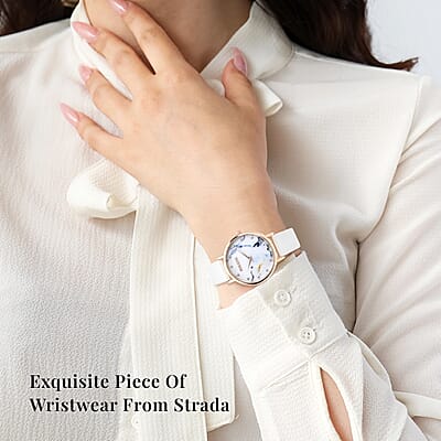 Strada Austrian Crystal Japanese Movement Stone Pattern Dial Watch With White Faux Leather Strap