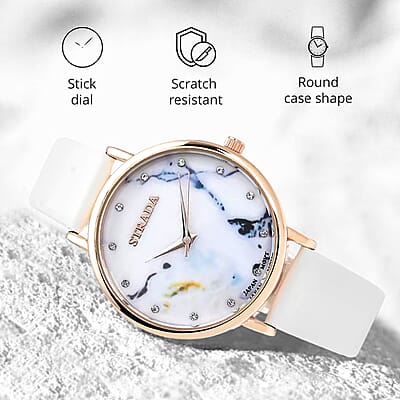 Strada Austrian Crystal Japanese Movement Stone Pattern Dial Watch With White Faux Leather Strap