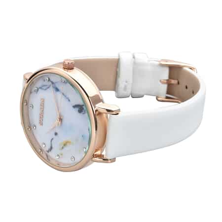 STRADA Austrian Crystal Japanese Movement Stone Pattern Dial Watch With White Faux Leather Strap image number 4