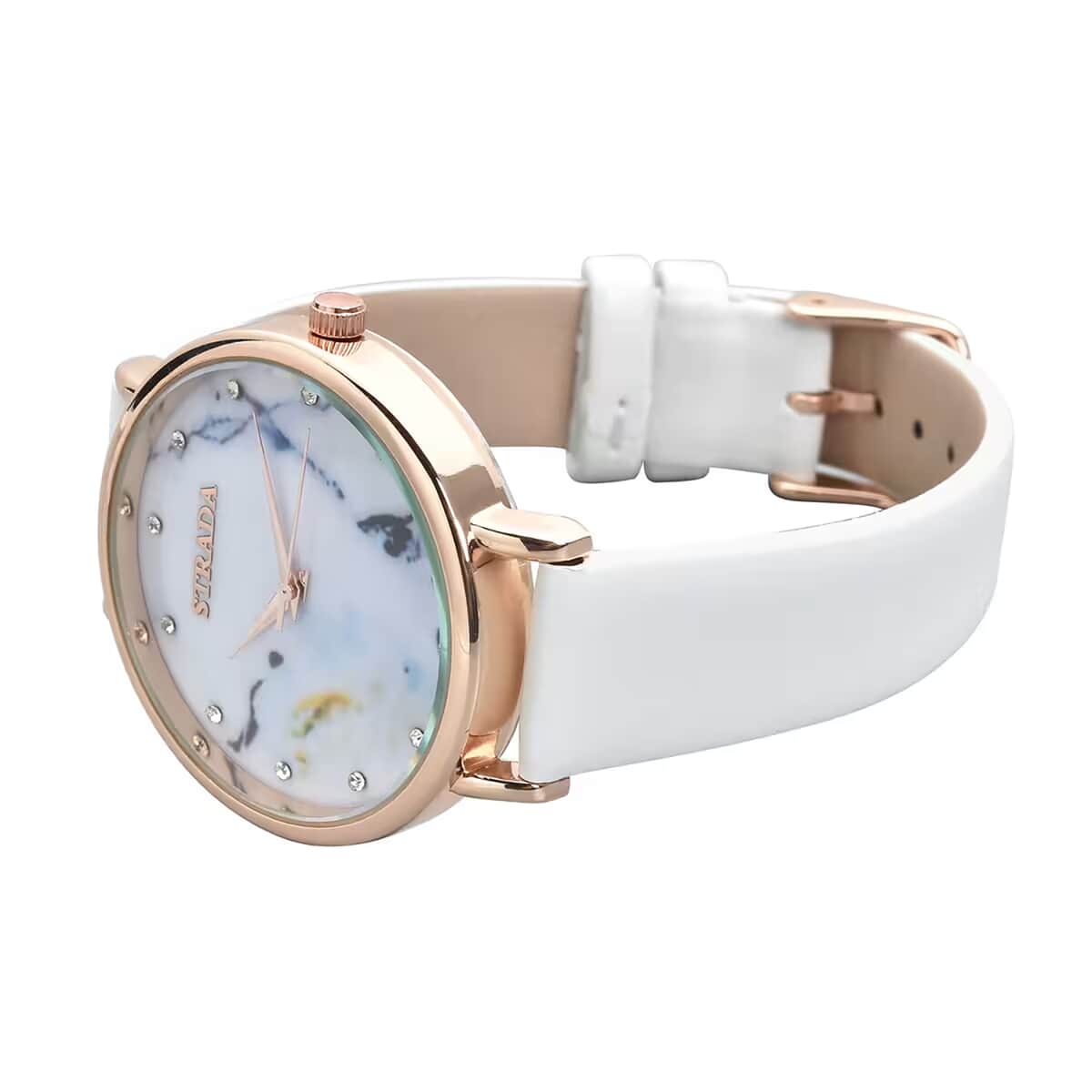 Strada Austrian Crystal Japanese Movement Stone Pattern Dial Watch With White Faux Leather Strap image number 8