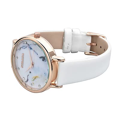 Strada Austrian Crystal Japanese Movement Stone Pattern Dial Watch With White Faux Leather Strap