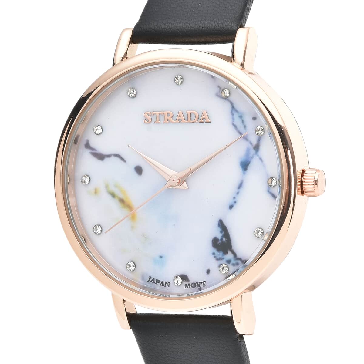 Strada Austrian Crystal Japanese Movement Stone Pattern Dial Watch With Black Faux Leather Strap image number 3