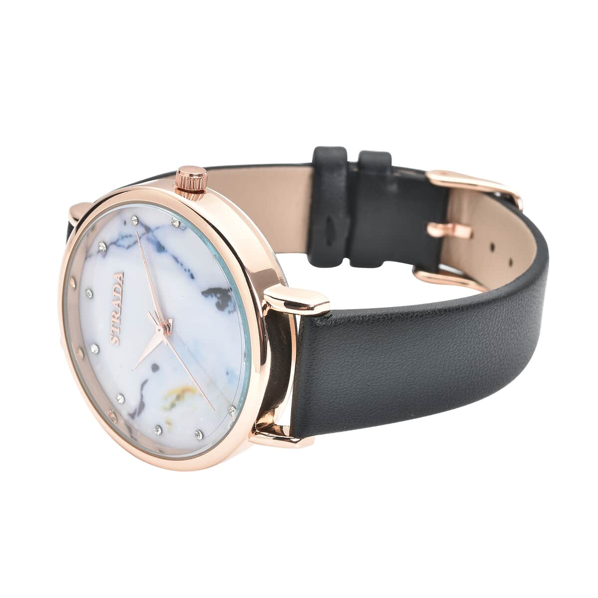 Strada Austrian Crystal Japanese Movement Stone Pattern Dial Watch With Black Faux Leather Strap image number 4