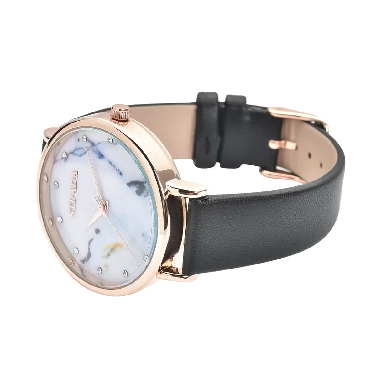 Strada Austrian Crystal Japanese Movement Stone Pattern Dial Watch With Black Faux Leather Strap image number 8