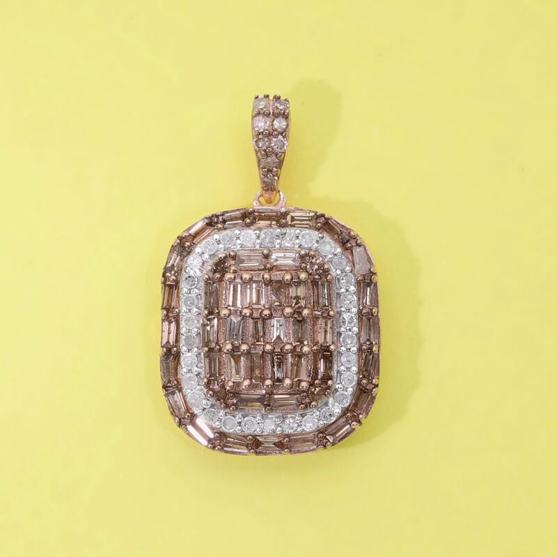 Natural Champagne and White Diamond Pendant in Vermeil Rose Gold Over Sterling Silver 1.00 ctw