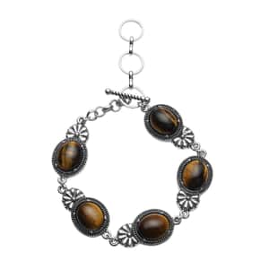 Tiger's Eye 42.00 ctw Toggle Clasp Bracelet in Black Oxidized Silvertone (8.00 In)