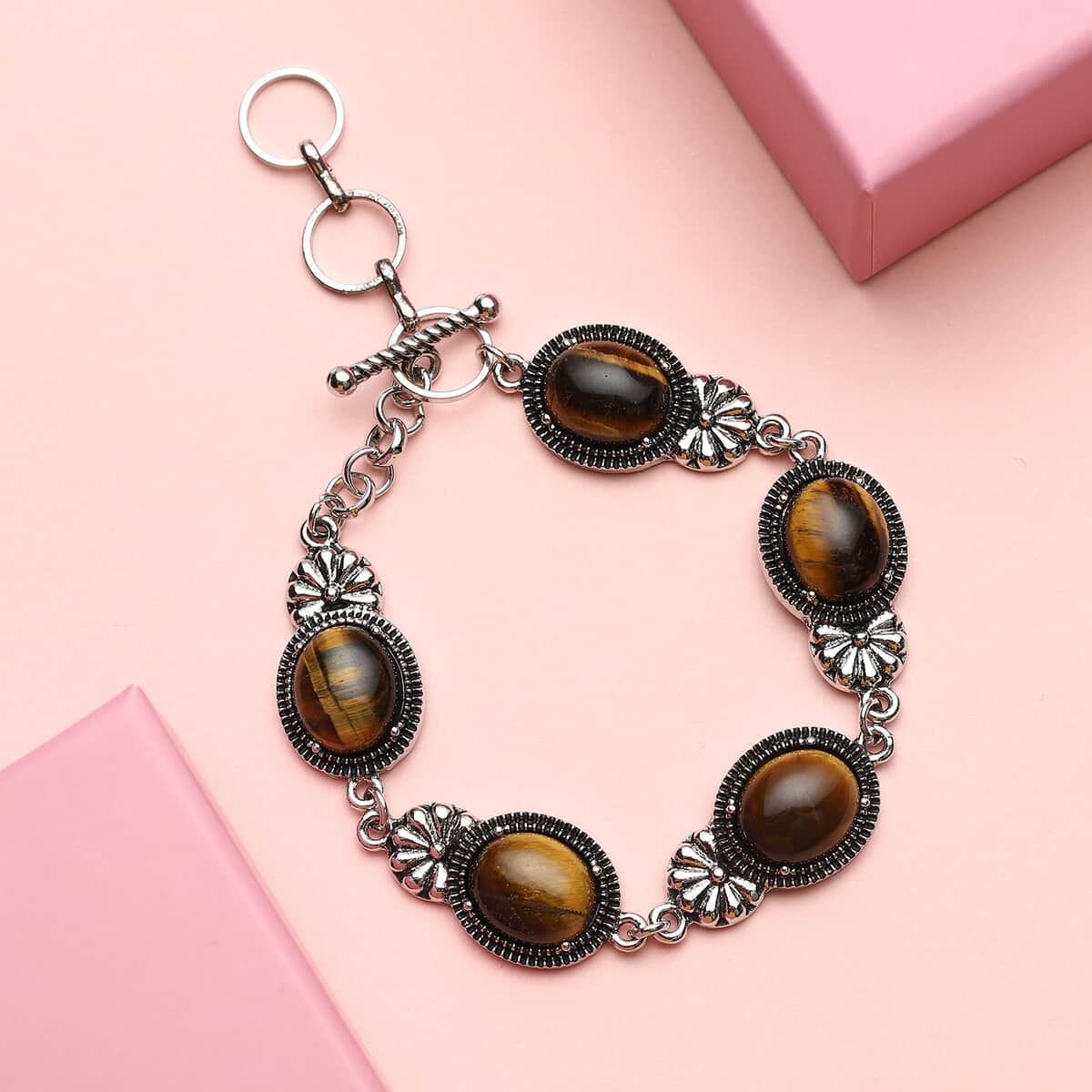 Tiger's Eye Toggle Clasp Bracelet in Black Oxidized Silvertone (8.00 In) 42.00 ctw image number 1