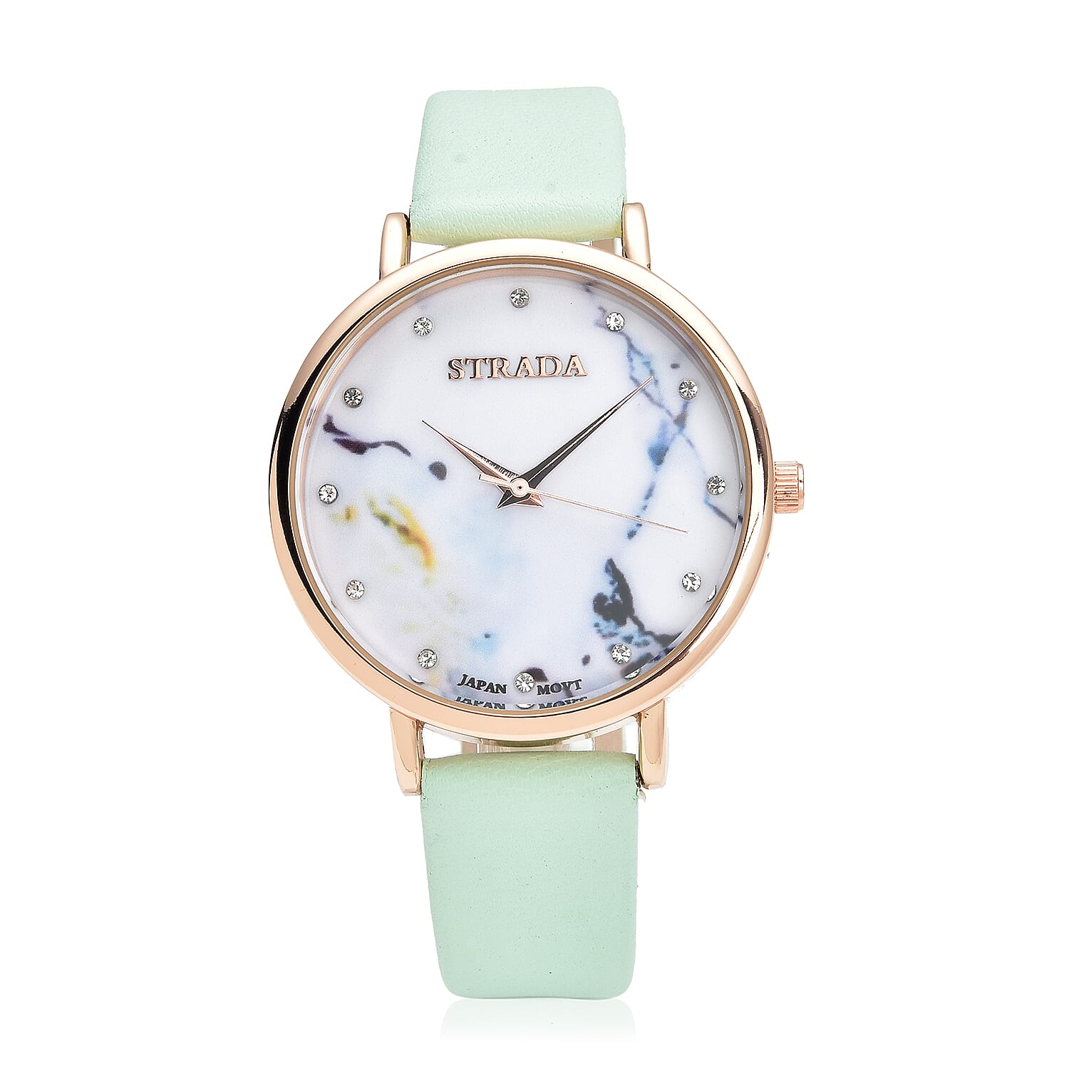 Strada Austrian Crystal Japanese Movement Stone Pattern Dial Watch With Green Faux Leather Strap