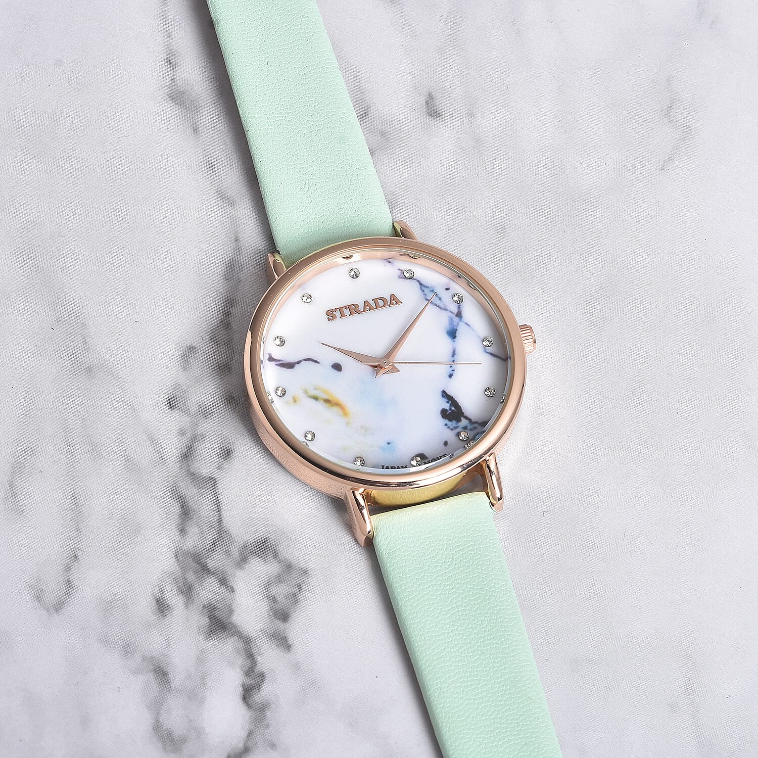 Strada Austrian Crystal Japanese Movement Stone Pattern Dial Watch With Green Faux Leather Strap