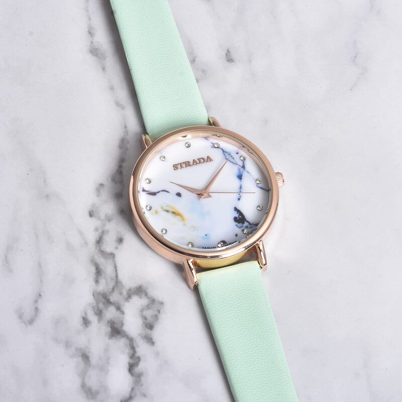 Strada Austrian Crystal Japanese Movement Stone Pattern Dial Watch With Green Faux Leather Strap