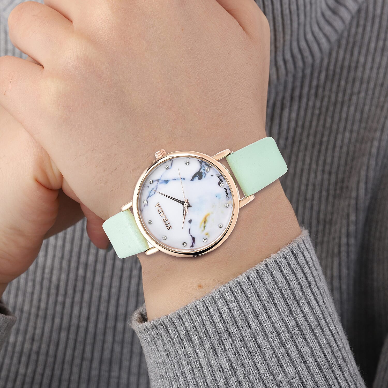 Strada Austrian Crystal Japanese Movement Stone Pattern Dial Watch With Green Faux Leather Strap