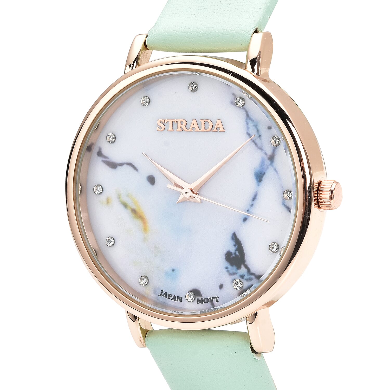 Strada Austrian Crystal Japanese Movement Stone Pattern Dial Watch With Green Faux Leather Strap