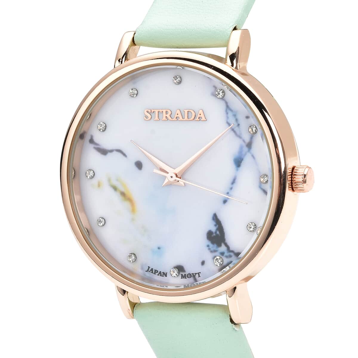 Strada Austrian Crystal Japanese Movement Stone Pattern Dial Watch With Green Faux Leather Strap image number 3