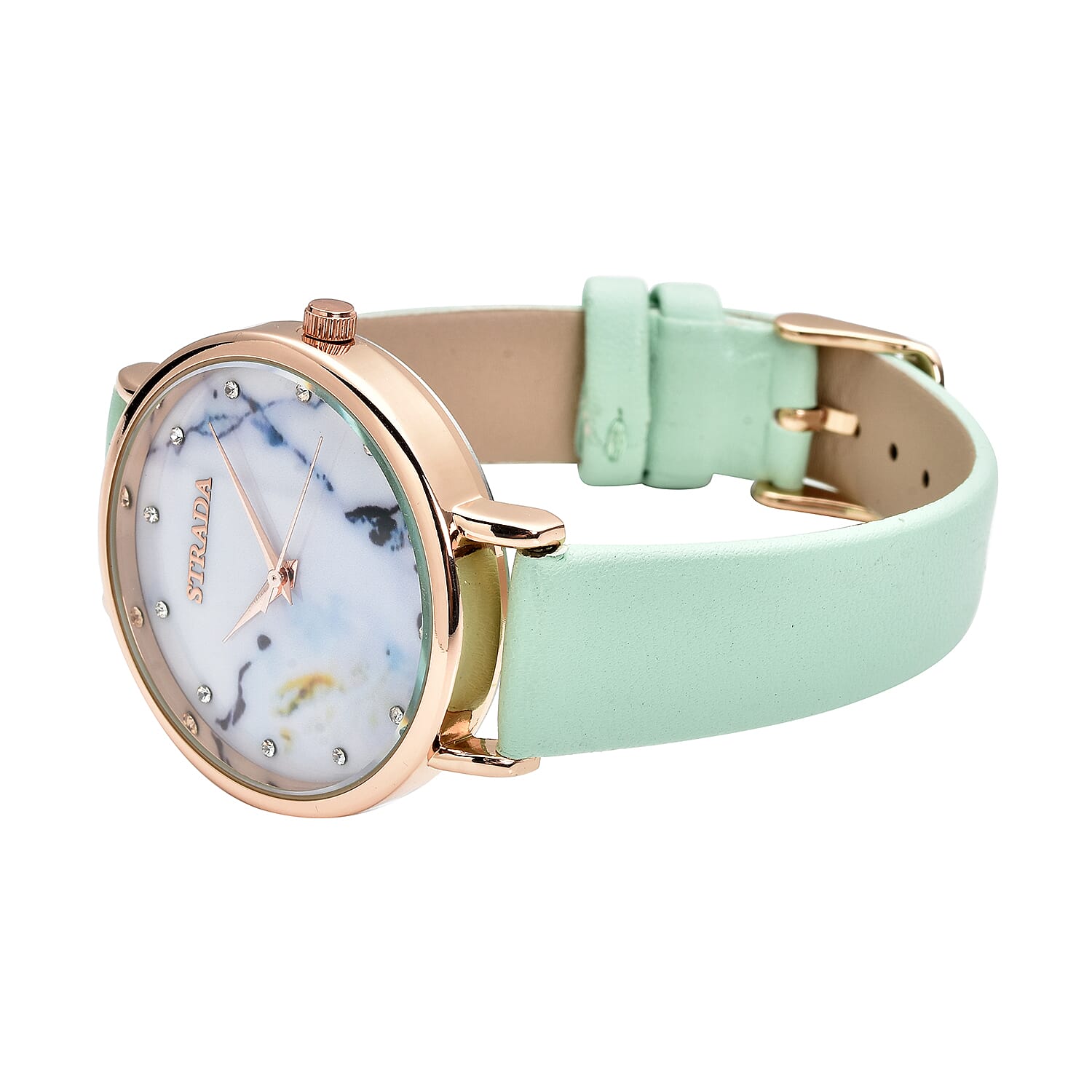 Strada Austrian Crystal Japanese Movement Stone Pattern Dial Watch With Green Faux Leather Strap