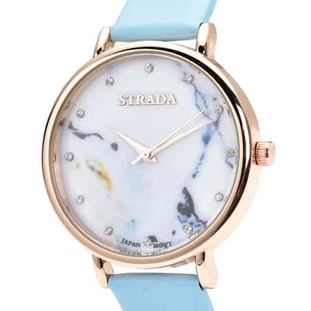 Strada Austrian Crystal Japanese Movement Stone Pattern Dial Watch With Blue Faux Leather Strap 0.20 ctw image number 3