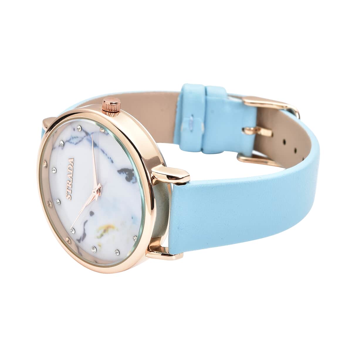 Strada Austrian Crystal Japanese Movement Stone Pattern Dial Watch With Blue Faux Leather Strap 0.20 ctw image number 4