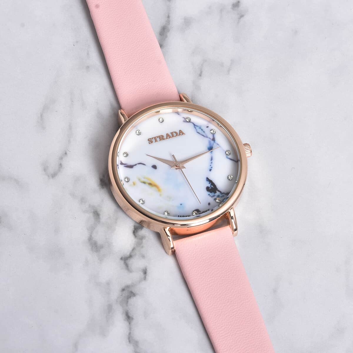 Strada Austrian Crystal Japanese Movement Stone Pattern Dial Watch With Pink Faux Leather Strap image number 1
