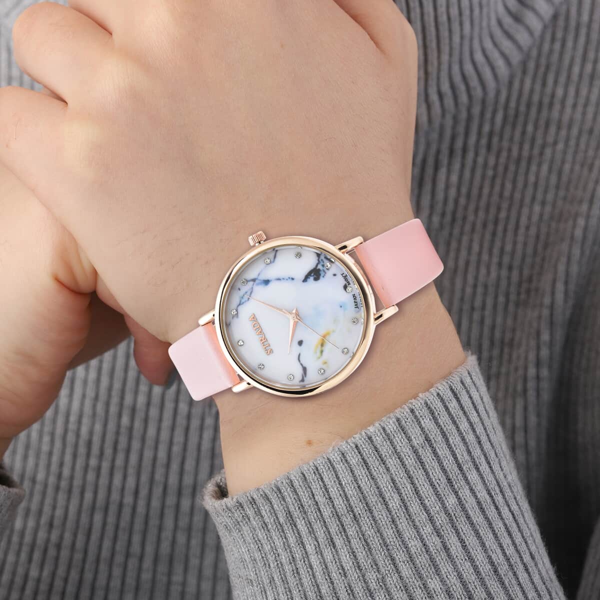 Strada Austrian Crystal Japanese Movement Stone Pattern Dial Watch With Pink Faux Leather Strap image number 2