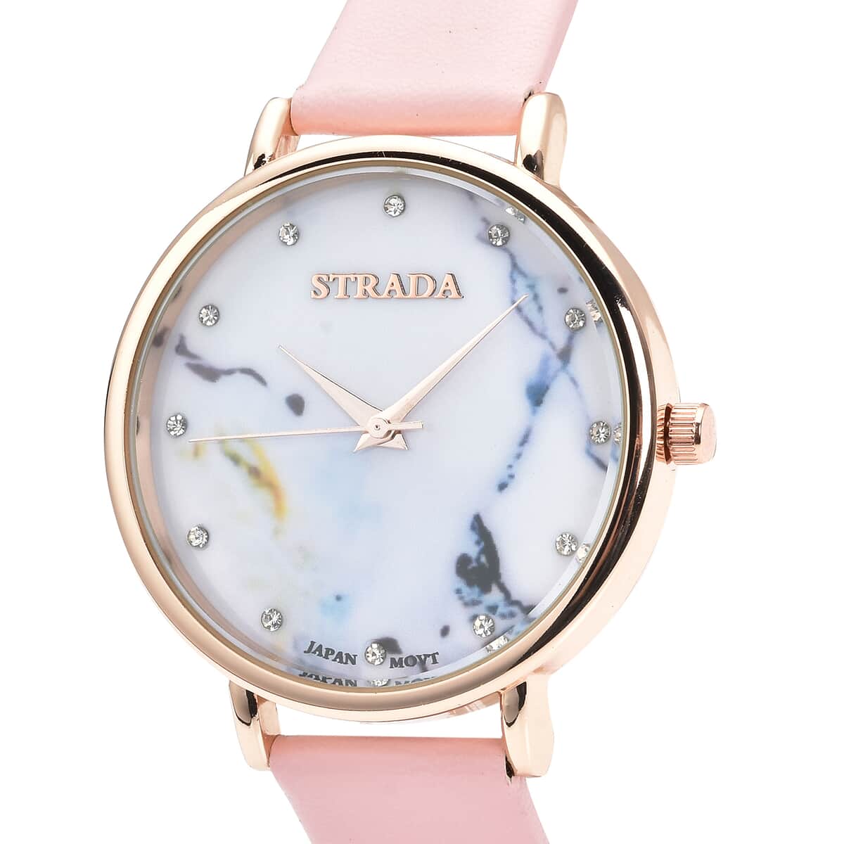 Strada Austrian Crystal Japanese Movement Stone Pattern Dial Watch With Pink Faux Leather Strap image number 3
