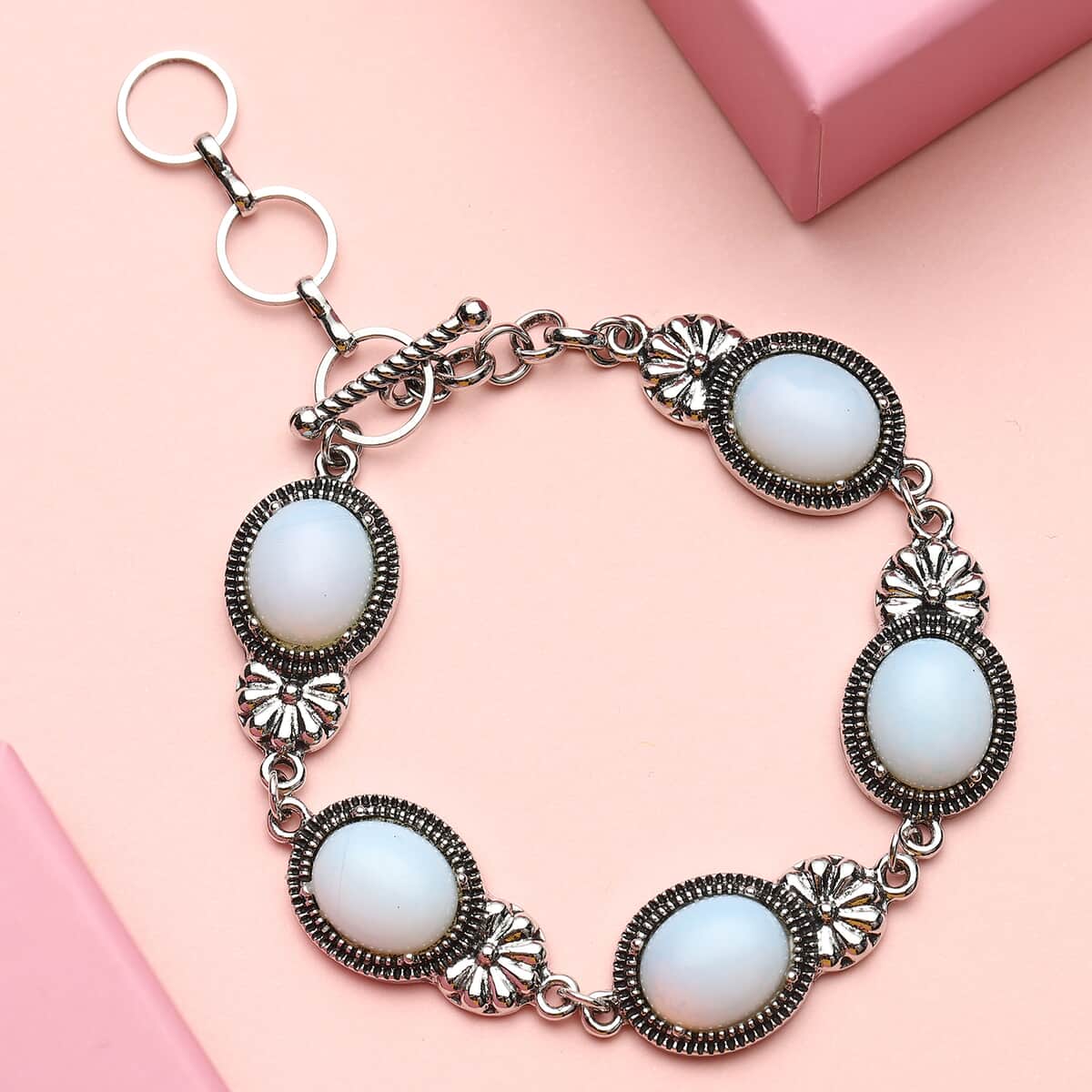 Opalite Toggle Clasp Bracelet in Black Oxidized Silvertone (8.00 In) 37.00 ctw image number 1