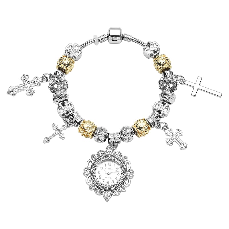 Strada Austrian Crystal Japanese Movement Cross Charms Bracelet Watch in Silvertone and Goldtone