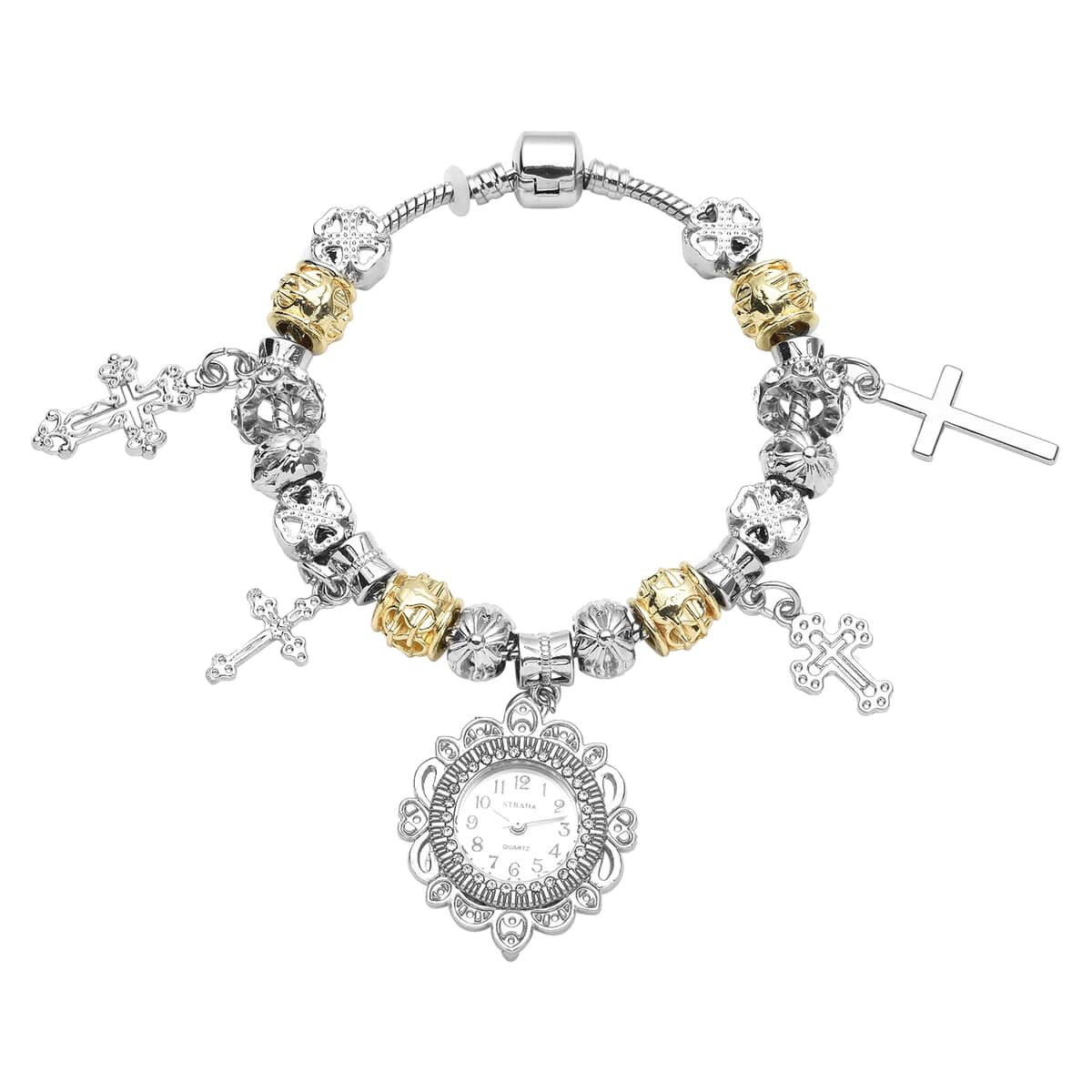 Strada Austrian Crystal Japanese Movement Cross Charms Bracelet Watch in Silvertone and Goldtone image number 0