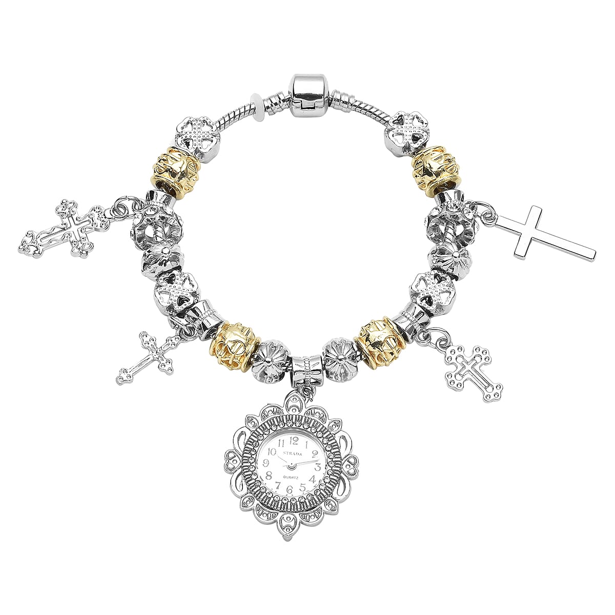 Strada Austrian Crystal Japanese Movement Cross Charms Bracelet Watch in Silvertone and Goldtone image number 0