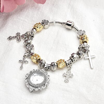 Strada Austrian Crystal Japanese Movement Cross Charms Bracelet Watch in Silvertone and Goldtone