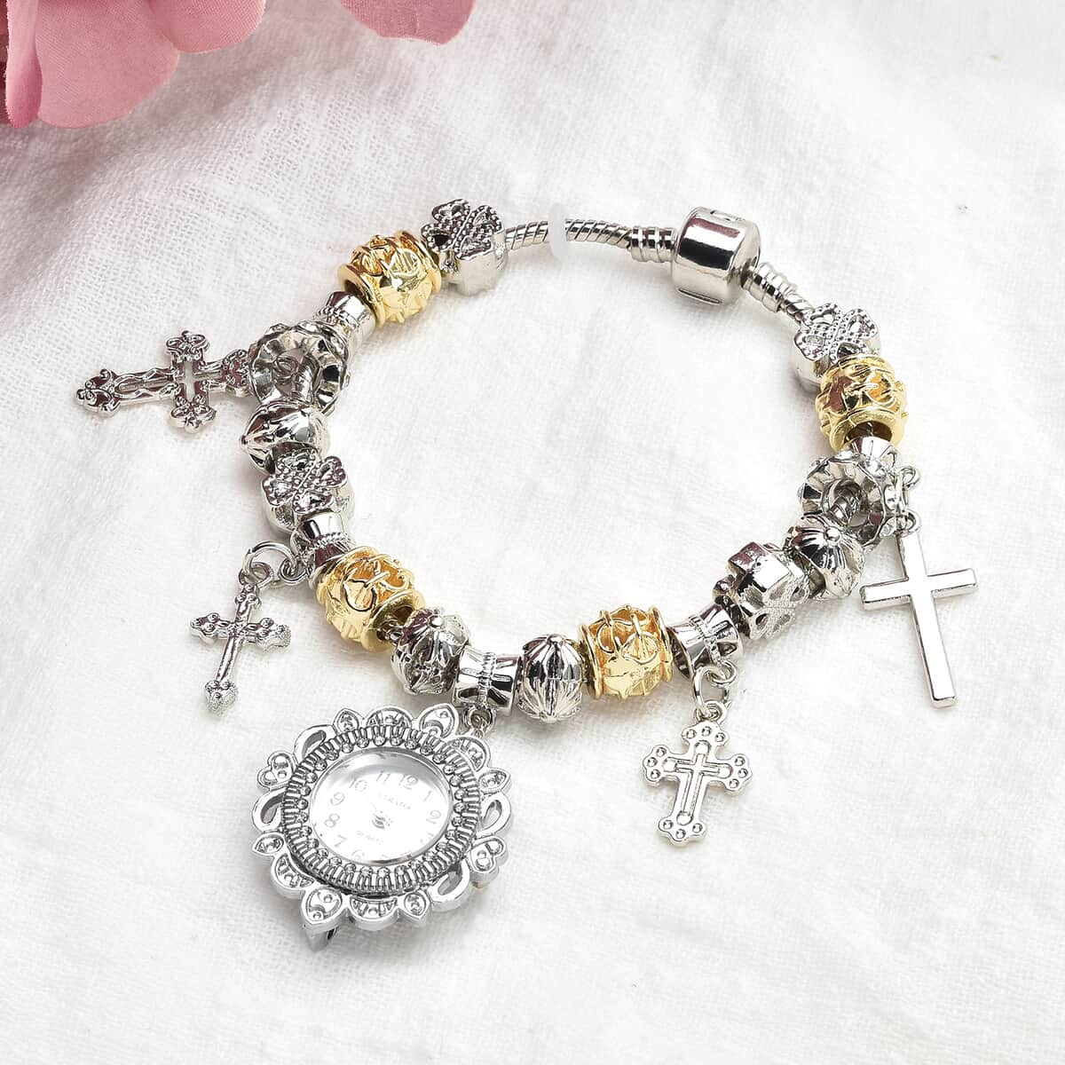 Strada Austrian Crystal Japanese Movement Cross Charms Bracelet Watch in Silvertone and Goldtone image number 1