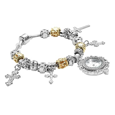 Strada Austrian Crystal Japanese Movement Cross Charms Bracelet Watch in Silvertone and Goldtone