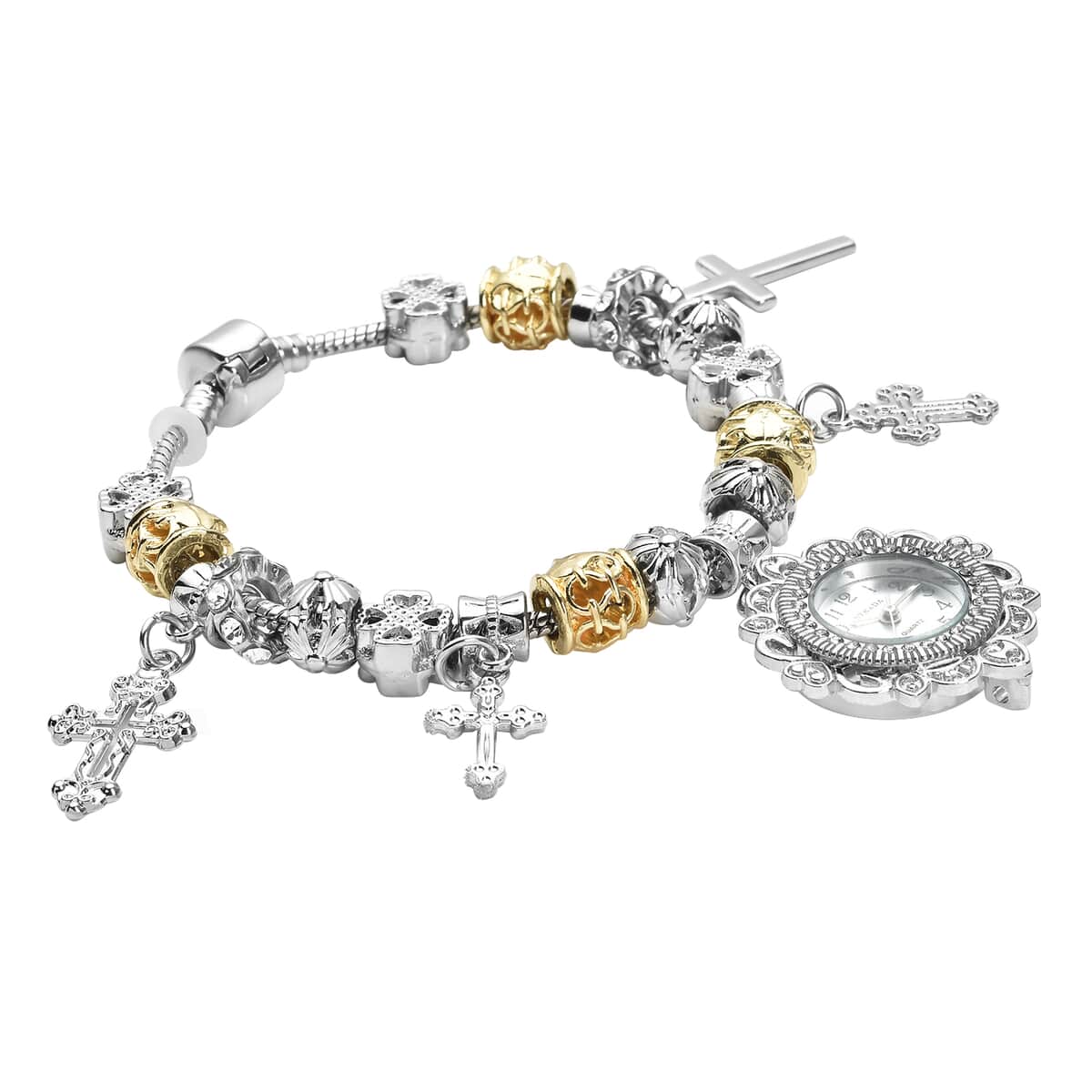 Strada Austrian Crystal Japanese Movement Cross Charms Bracelet Watch in Silvertone and Goldtone image number 2