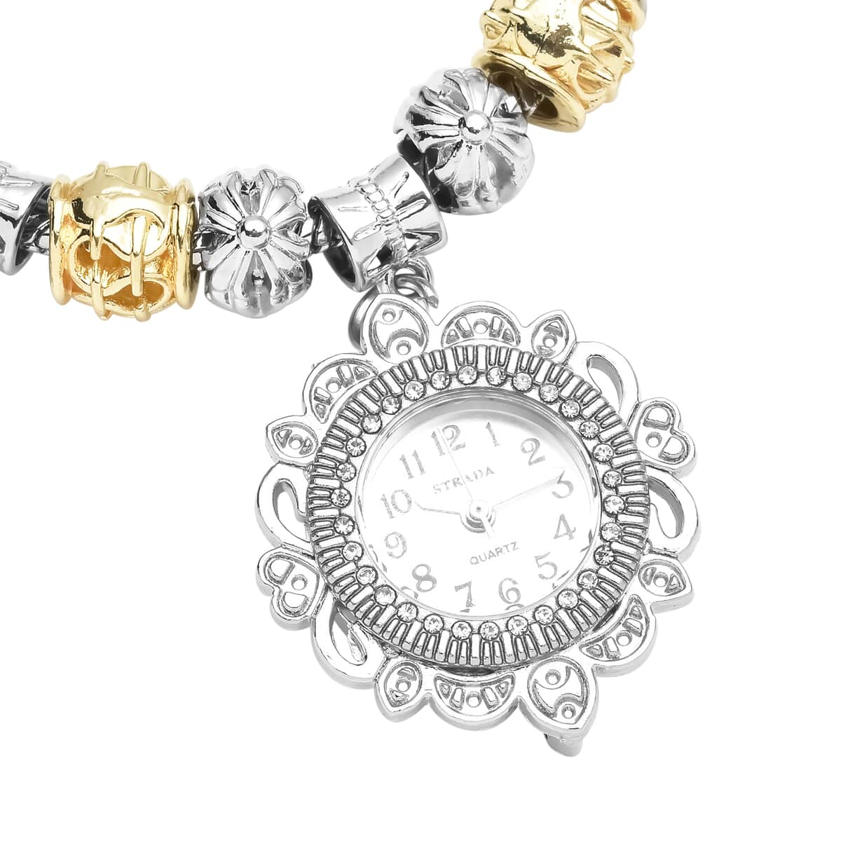 Strada Austrian Crystal Japanese Movement Cross Charms Bracelet Watch in Silvertone and Goldtone image number 3