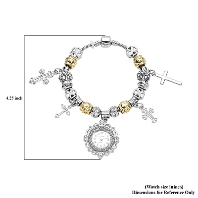 Strada Austrian Crystal Japanese Movement Cross Charms Bracelet Watch in Silvertone and Goldtone