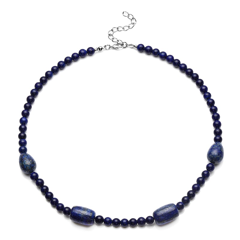 Lapis Lazuli Drop, Barrel Shape and Beaded Necklace 18-20 Inches in Silvertone 206.50 ctw