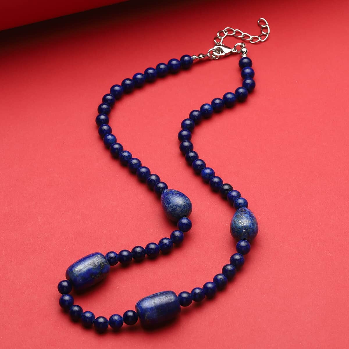 Lapis Lazuli Drop, Barrel Shape and Beaded Necklace 18-20 Inches in Silvertone 206.50 ctw image number 1