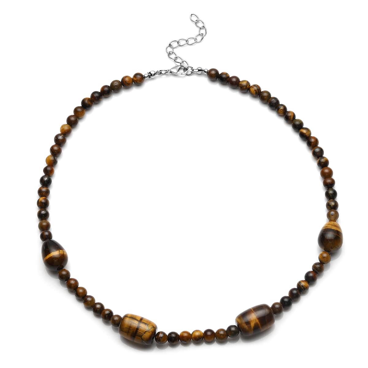 Tiger's Eye Drop, Barrel Shape and Beaded Necklace 18-20 Inches in Silvertone 198.50 ctw image number 0