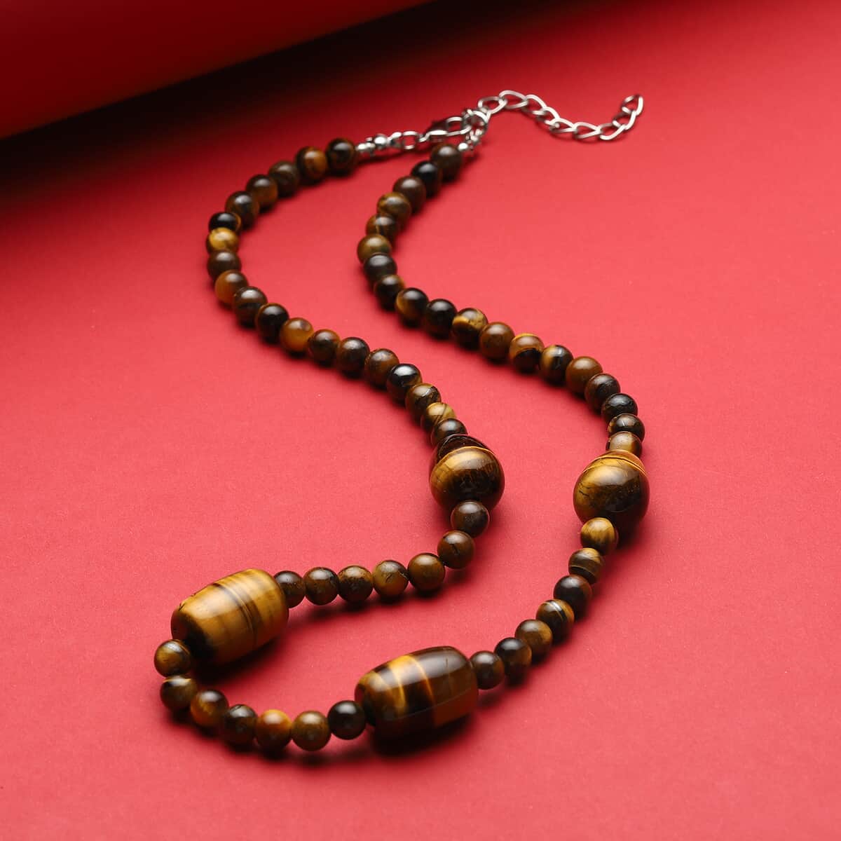 Tiger's Eye Drop, Barrel Shape and Beaded Necklace 18-20 Inches in Silvertone 198.50 ctw image number 1