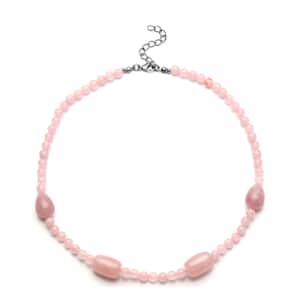 Galilea Rose Quartz Drop and Barrel Shape and Beaded Necklace 18-20 Inches in Silvertone 190.00 ctw
