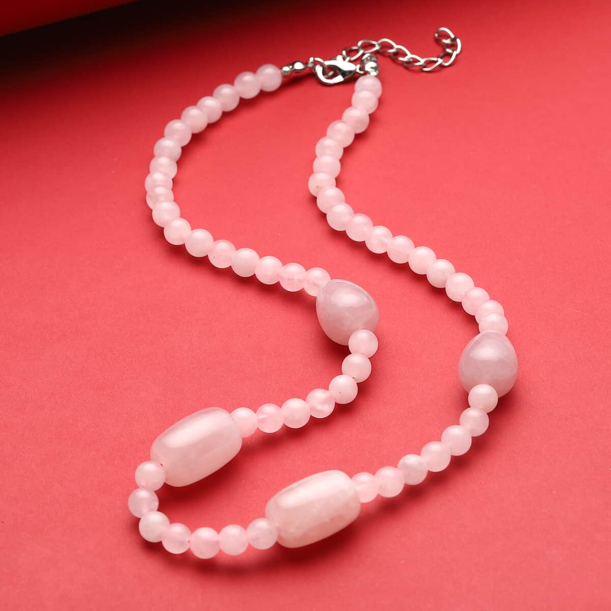 Galilea Rose Quartz Drop and Barrel Shape and Beaded Necklace 18-20 Inches in Silvertone 190.00 ctw image number 1