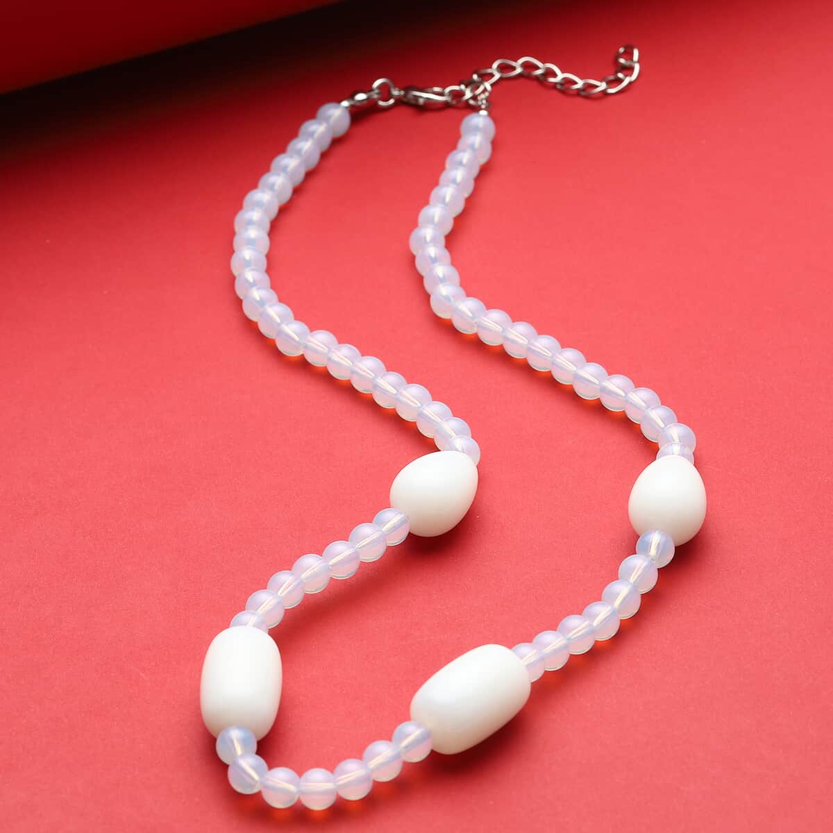 Opalite Drop, Barrel Shape and Beaded Necklace 18-20 Inches in Silvertone 175.50 ctw image number 1