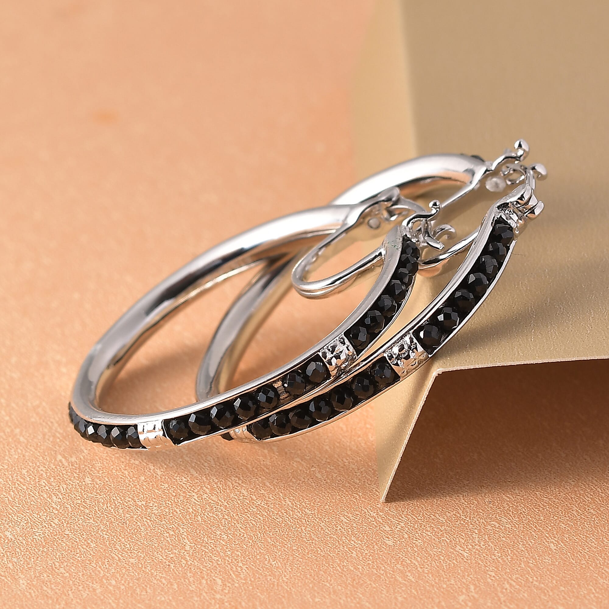 Karis Thai Black Spinel Hoop Earrings in Platinum Bond 6.00 ctw
