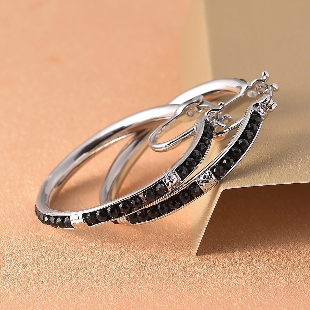 Karis Thai Black Spinel Hoop Earrings in Platinum Bond 6.00 ctw image number 1