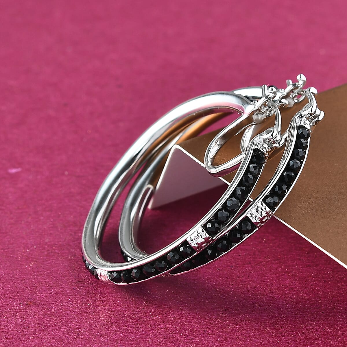 Karis Thai Black Spinel Hoop Earrings in Platinum Bond 6.00 ctw image number 2