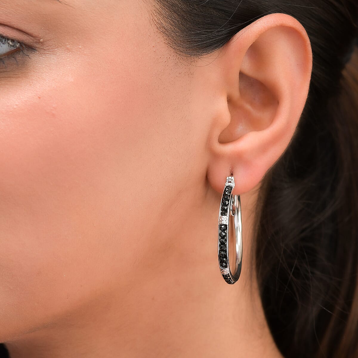 Karis Thai Black Spinel Hoop Earrings in Platinum Bond 6.00 ctw image number 3