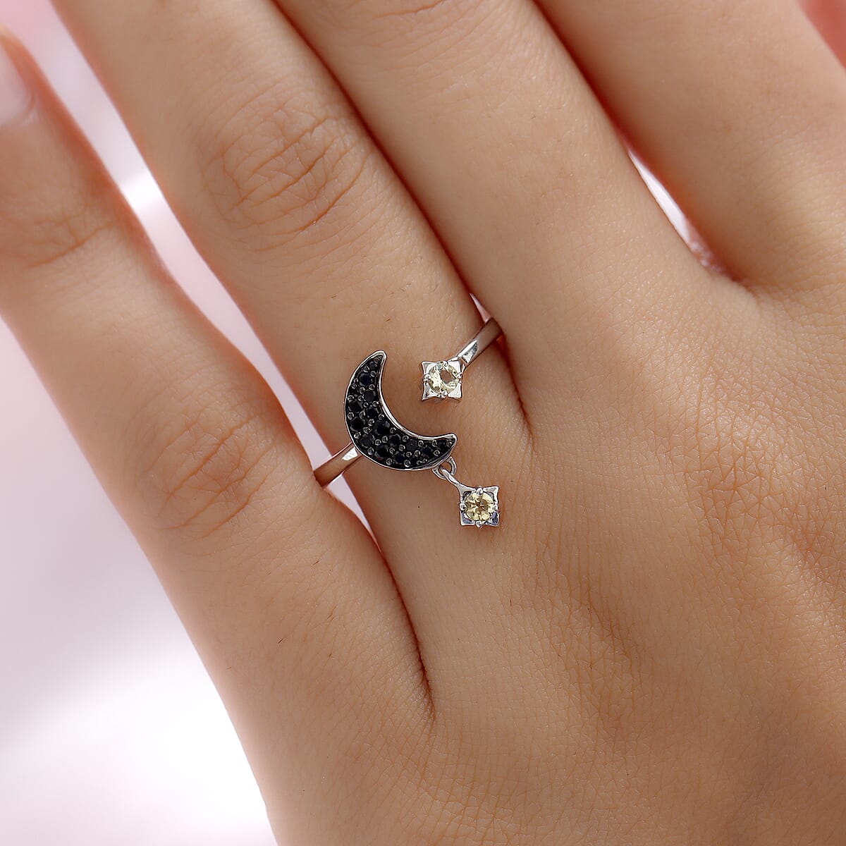 Marialite and Natural Thai Black Spinel Crescent Moon and Starburst Charm Openable Band Ring in Platinum Over Sterling Silver 0.40 ctw image number 2
