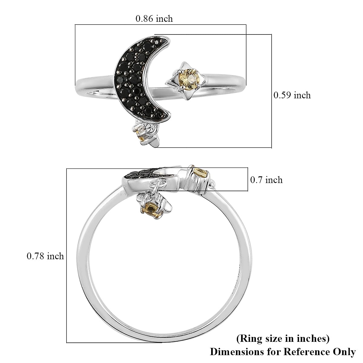 Marialite and Natural Thai Black Spinel Crescent Moon and Starburst Charm Openable Band Ring in Platinum Over Sterling Silver 0.40 ctw image number 5